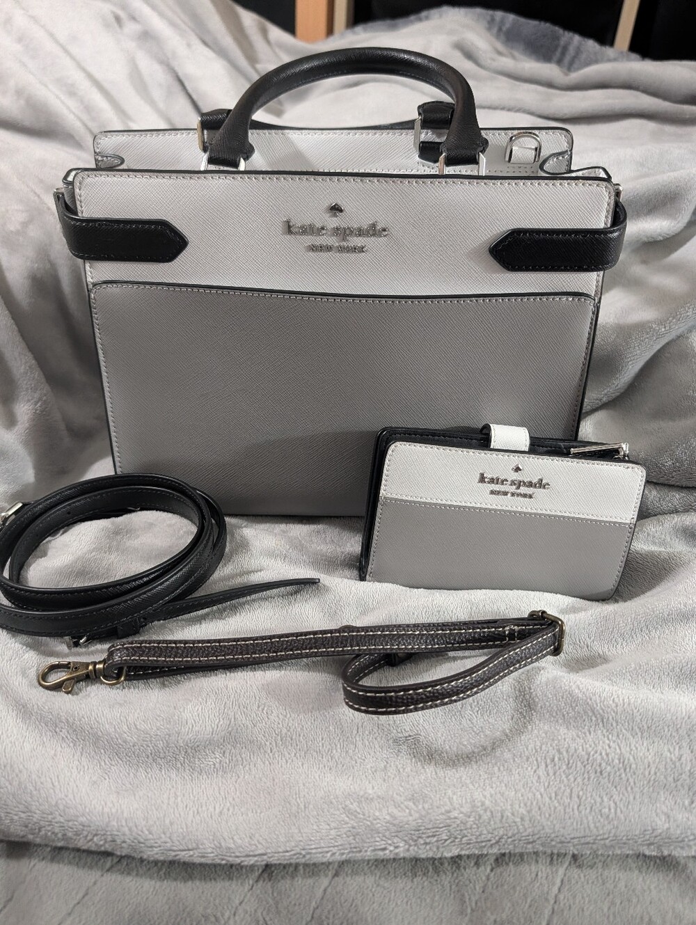 kate spade Gray and White Saffiano Leather Satchel with Wallet